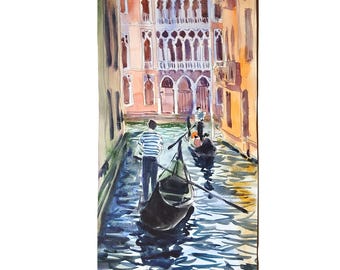 Venice Gondola Watercolor Painting: Grand Canal Art, Italy Landscape (8x16.5 in)