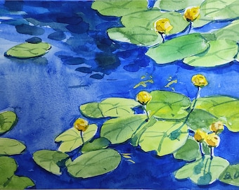 Water Lilies Pond Landscape original watercolor painting, home wall art decor vintage Landscape scenery