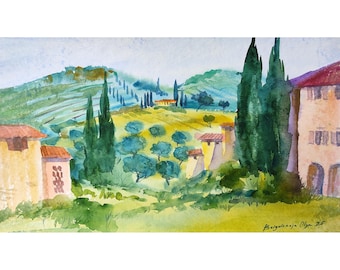 Tuscany Landscape Watercolor Painting, Italian Art (18x11)