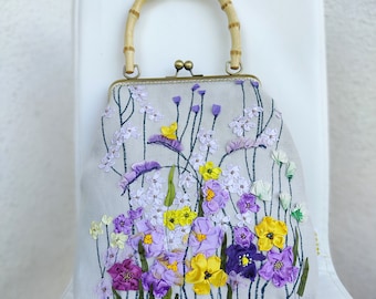 Floral Ribbon Embroidered Handbag, Kiss Lock Evening Purse, Bamboo Handle