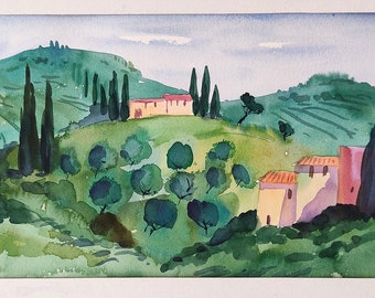 Tuscany Large Original Watercolour Italian Landscape ART 14x6 " Painting Landscape Italy Landscape Scenic Christmas home decor gift idea