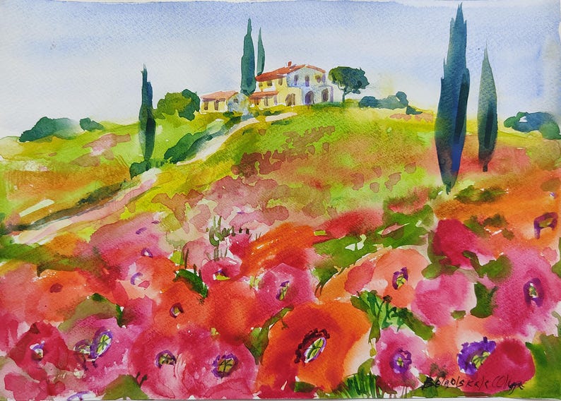 Original Tuscany Watercolor Painting, Italian Poppy Field Landscape Art ...