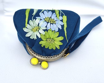 Teal Blue coin purse Floral embroidered with wristlet hand embroidery kiss lock purse pouch women floral pouch dice bag wrist bag