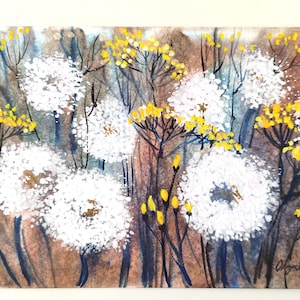 Dandelion Watercolor Painting – Original Nature-Inspired Wall Art, Soft Botanical Illustration in Blue and Brown, 12x8&quot;