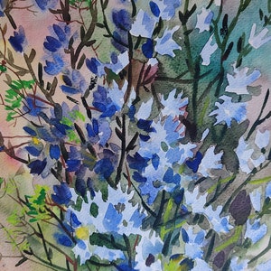 Blaue Wiesenblumen Originalgemälde, Aquarell Chicorée Blumen, Vintage Kunstwerk wertvolles Geschenk für Mutter für Frauen