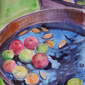 Riservato a Simone mele in acqua, pittura ad acquerello, opera d’arte 15 x 12”, arte per la casa