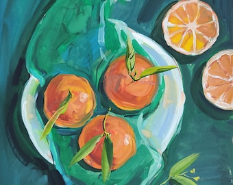 Original Gouache painting artwork 10x12" emerald still life with oranges art home decor wall hanging expressionist vintage art