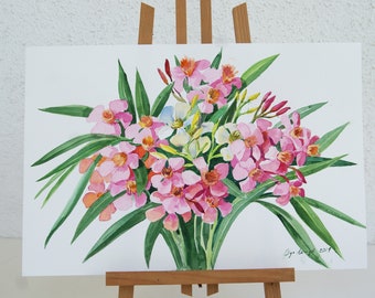 Pink Oleander watercolor original painting artwork flowers watercolor floral wall art, painting from artist, floral art home decor