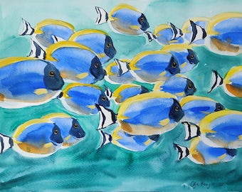 Coral reef fish original watercolour painting Blue Tang wall art home décor, 15x12" unframed, Christmas gifts