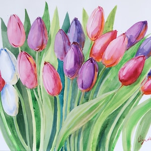 Original Tulips Watercolor Painting: Pink Purple Flowers Artwork 16x12inc
