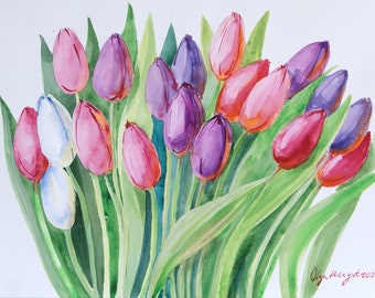 Tulips Watercolor Painting – Original Floral Artwork in Pink & Purple | Birth Flower Gift for Mom or Grandma 16x12&quot; Wall Art