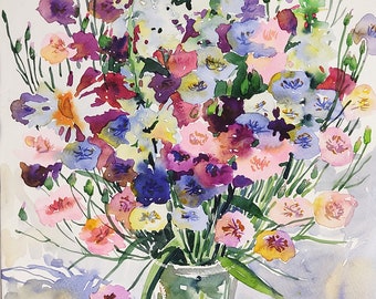 May include: A watercolor painting of a bouquet of colorful flowers in a clear glass vase. The flowers are a mix of pink, purple, blue, yellow, and white.