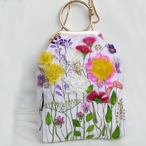 Misty Pink Kiss lock Purse hand embroidered, top handle floral bag, with silk flowers, pink small evening bag, vintage French antique gift