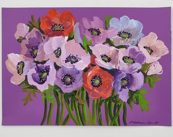 Pintura original de anémona en gouache, arte floral para pared, 35,5 x 25,4 cm