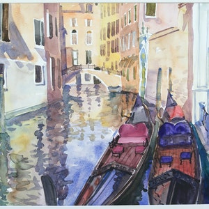 Aquarel gondel Venetië – origineel kunstwerk van Italiaanse kanaalscène – romantische reiskunst aan de muur – 18 x 15&quot; ingelijst of ingelijst