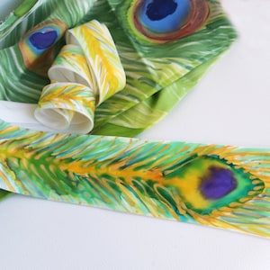 Peacock silk tie, Hand painted unique necktie for man and woman, Green Blue Tie. Genuine Art on Silk. Wedding Grooms Tie. Man Birthday Gift