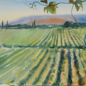 Original watercolor Italy Tuscany painting 22 x 15&quot; Provence VINEYARD Landscape unique artwork Ukrainian artist free shipping