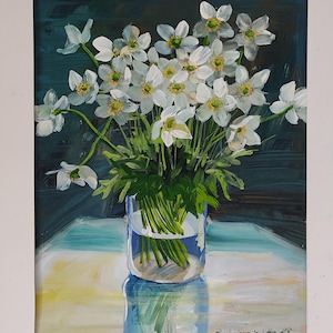 Pintura al gouache de flores de primavera, anémonas blancas originales, regalo de inauguración de la casa para mamá, bellas artes, envío gratis