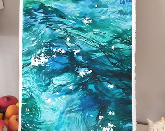 絵画 水彩画 水面水彩画 反射絵画 オリジナルアートワーク 大判 22 x 18インチ