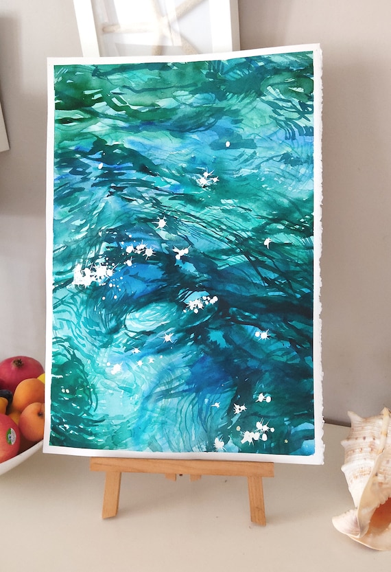 水面水彩画 反射絵画 オリジナルアートワーク 大判 22 x 18インチ