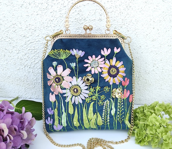Kiss lock Teal Blue Evening Bag, Hand embroidered with ribbon and beads, large gold chain, handbag, Purse, Vintage, victorian french antique