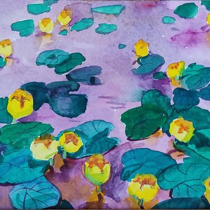 May include: Watercolor painting of yellow flowers with green leaves on a purple background. The flowers are in a pond or lake. The painting is signed "J. Henss" in the lower right corner.