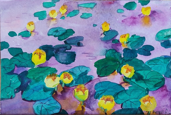 water lilies ACEO original painting, watercolor, 7x5" wall art hanging, vintage paint, directly from artist, Monet