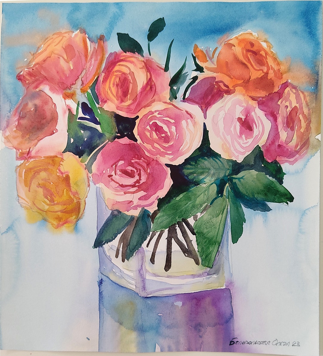 Roze rozen originele aquarel schilderij, vaas met bloemen 11 x 12\, image size:1080x1191