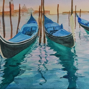 Aquarel Venetië - origineel gondelkunstwerk 18 x 12&quot; – Italiaanse stadsmuurkunst – handgeschilderde Venetiaanse grachtenscène – uniek in zijn soort