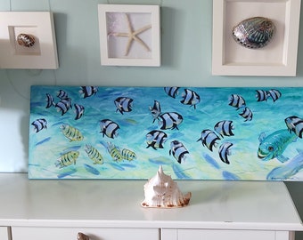 大きな魚の群れの油絵、手描きの水中アート、鮮やかな魚のアート、水中