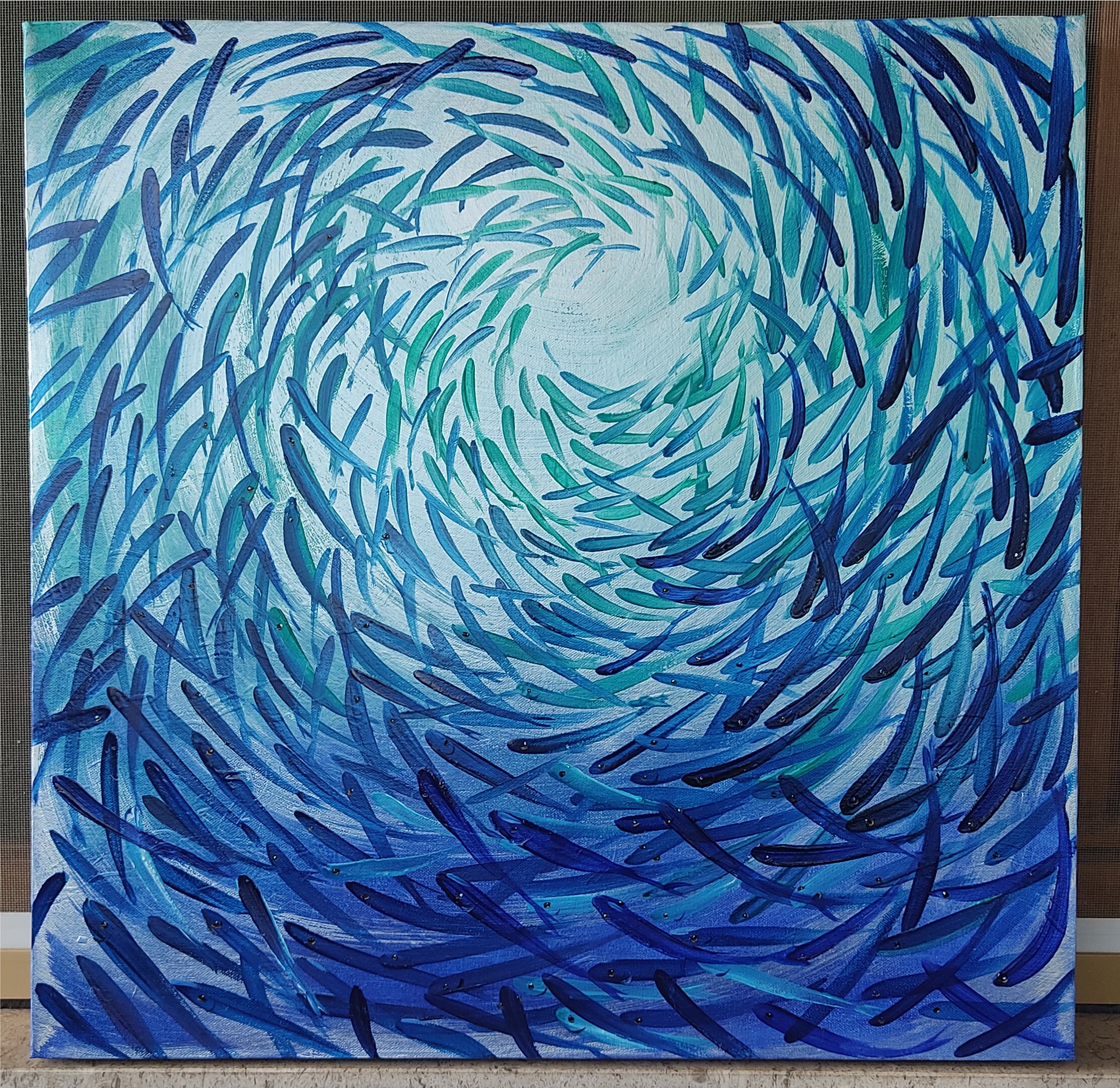 青い海の油絵 青い魚 24x24インチ キャンバスに描かれた現代藍の