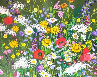 May include: A vibrant painting of a wildflower meadow. The artwork features a variety of colorful flowers, including red poppies, yellow daisies, white blossoms, and purple wildflowers, set against a dark green background. The painting style is impressionistic.