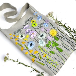 Flowers Hand Embroidered Tote Bag, nice romantic Hand bag for woman, large canvas tote bag