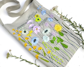 Handmade Floral Embroidered Linen Tote Bag, Unique Shoulder Bag