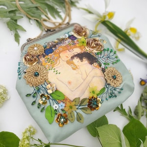 Beads hand embroidered evening Bag Purse Gustav Klimt Flower Floral artwork Vintage french antique Handbag with chain bohemian