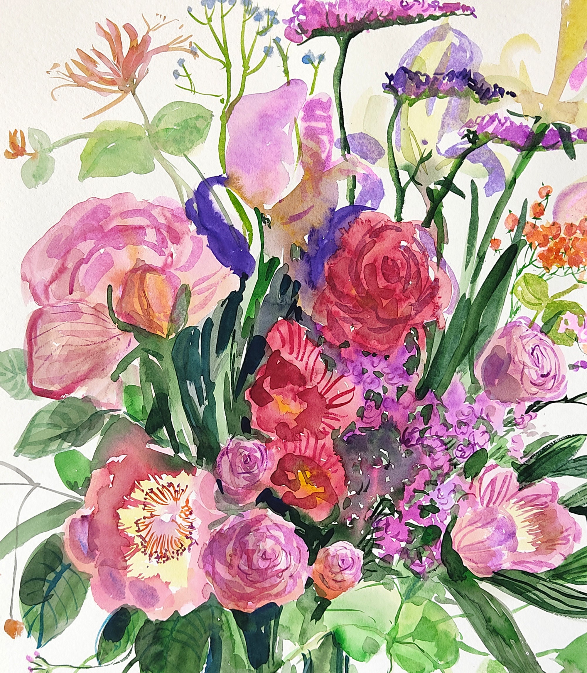 Original Floral Watercolor Painting: Large Flower Bouquet Art