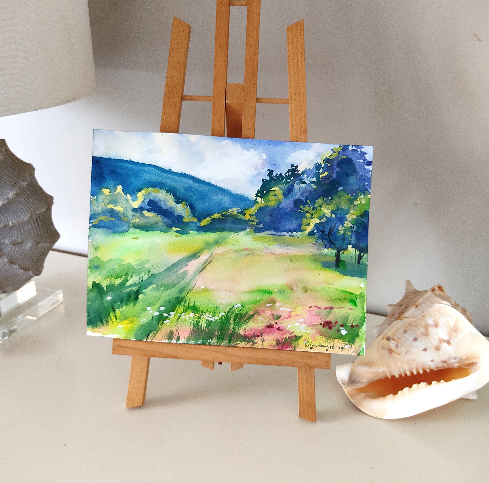 夏の草原 オリジナル絵画 風景 水彩画 12x9 夏の草原 オリジナル絵画 風景 水彩画 12x9