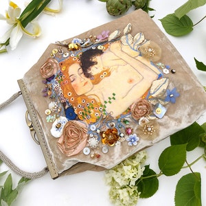 Bolso de terciopelo marfil, bolso bordado a mano, obras de arte, bolso clutch con cuentas de boda, Gustav Klimt Las tres edades de la mujer, estilo vintage