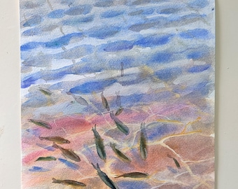 Original akvarellmålning "Fisk i grunt vatten" – 9x12 kustväggkonst, havsvattenscen, strandhusdekor