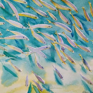 Fish painting turquoise original watercolor ocean painting contemporary art home decor fine art painting by artist 16x12&quot; underwater