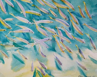 Karibische blaue Fische Aquarell Malerei Original Kunstwerk, 40 x 30 cm
