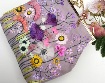 Hand-Embroidered Floral Evening Bag: Silk Ribbon Vintage Purse