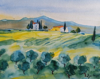 Italian Landscape, Tuscany Painting, Original Painting, watercolour 12 x 9" Artwork, living room decor