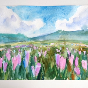 Large watercolor crocus meadow Pink painting 8 x 20&quot; wall art original summer flower meadow mother day gifts idea crocuses home art decor