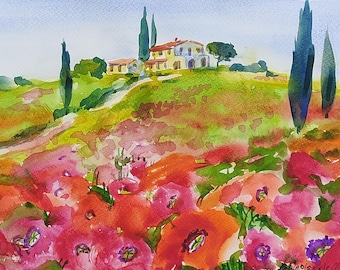 Original Tuscany Watercolor Painting, Italian Poppy Field Landscape Art 11 x 8" wall artwork