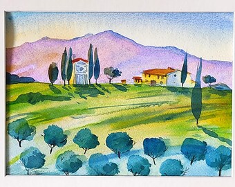 Toskana Original-Aquarellgemälde, 30 x 23 cm, Landschaft aus Italien
