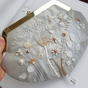 Wedding clutch, hand embroidery, bag for bride, purse bag, Handbag flowers embroidered  Vintage needlework Frame bag freshwater pearl