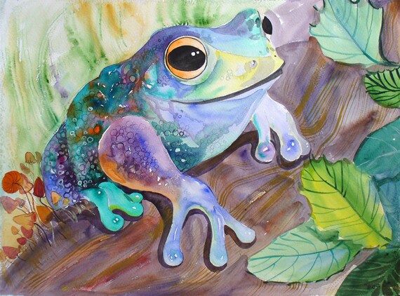 カエル オリジナル 水彩画、大きな絵画アート ホーム