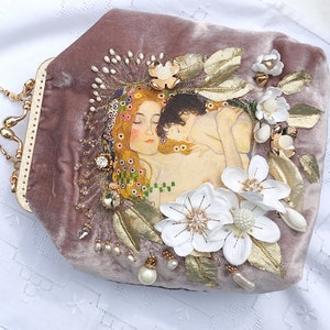 Velvet Purse bag with kiss lock purse frame Handbag with beads embroidery flowers Silk shabby chic Gustav Klimt fiber art