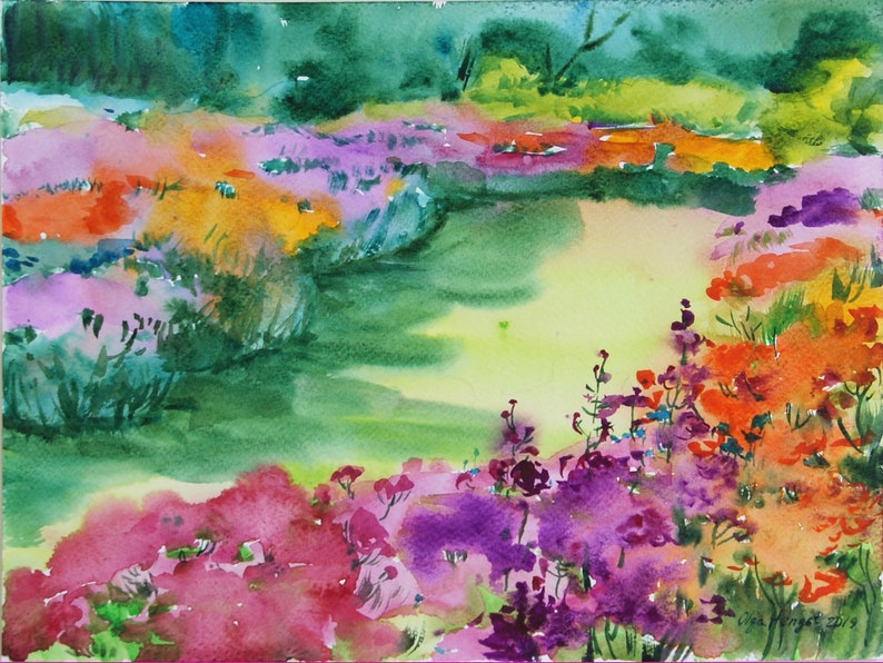 Watercolor blooming garden 13 x 9 English garden home Etsy